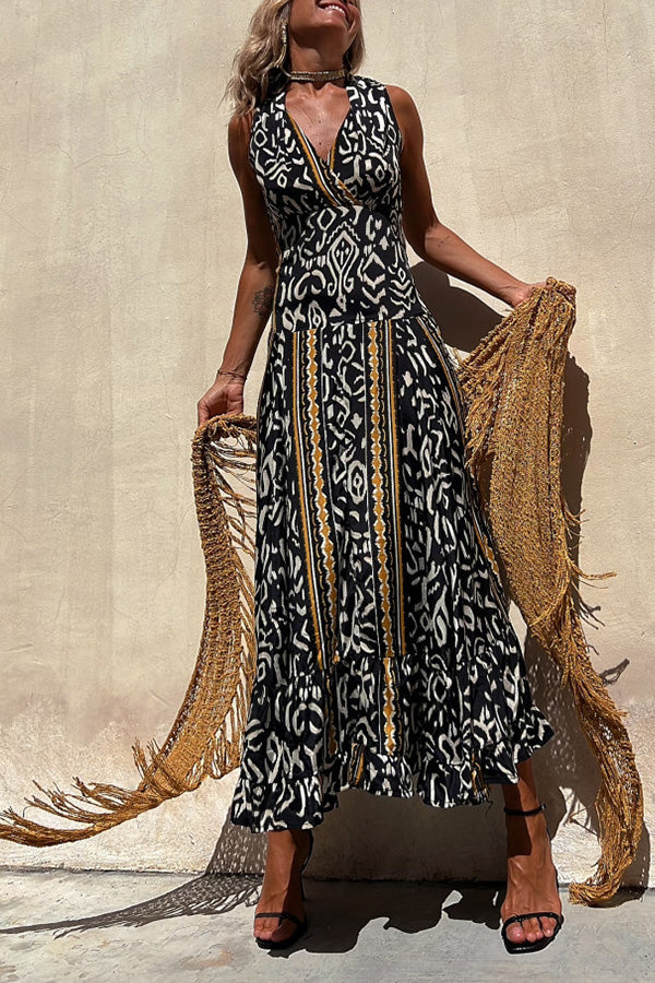 Kaftan Life Ethnic Print Back Smocked V-neck Maxi Dress