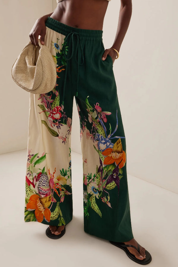 Unique Positioning Retro Print Loose Wide-Leg Pants