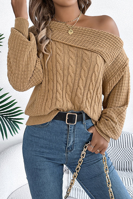 Solid Color Casual One Shoulder Long Sleeve Knitted Sweater