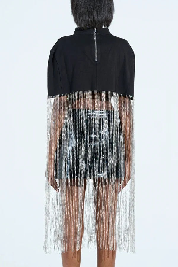 New Level Shiny Tassel Stand Neck Crop Cape Blouse