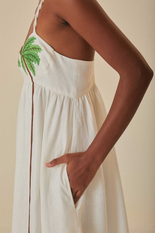 Coconut Tree Print Suspender Backless Large Hem Maxi Dress