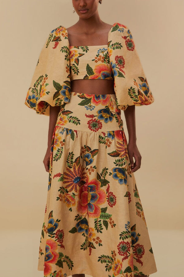 Jungle Style Linen Blend Floral Print Puff Sleeve Crop Top and High Waist Midi Skirt Set