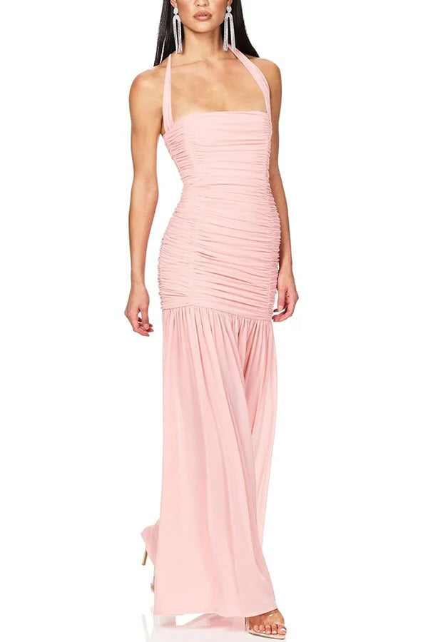 Chic Demeanor Mesh Overlay Ruched Halter Slit Stretch Maxi Dress