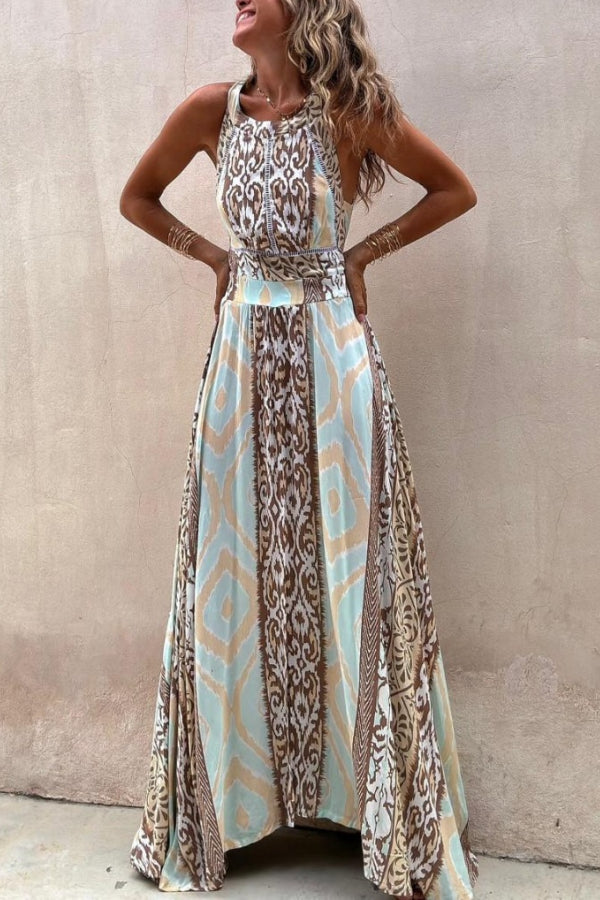 Kalena Unique Color Block Print Halter Elastic Waist Tie-Up Maxi Dress