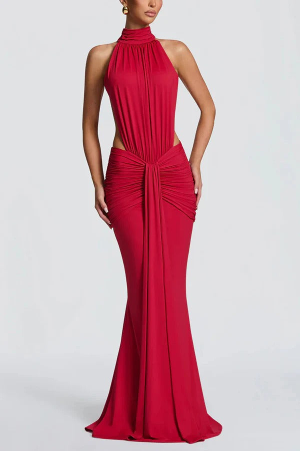 Thekla Stretch Slinky Jersey High Neck Ruched Backless Drape Maxi Dress