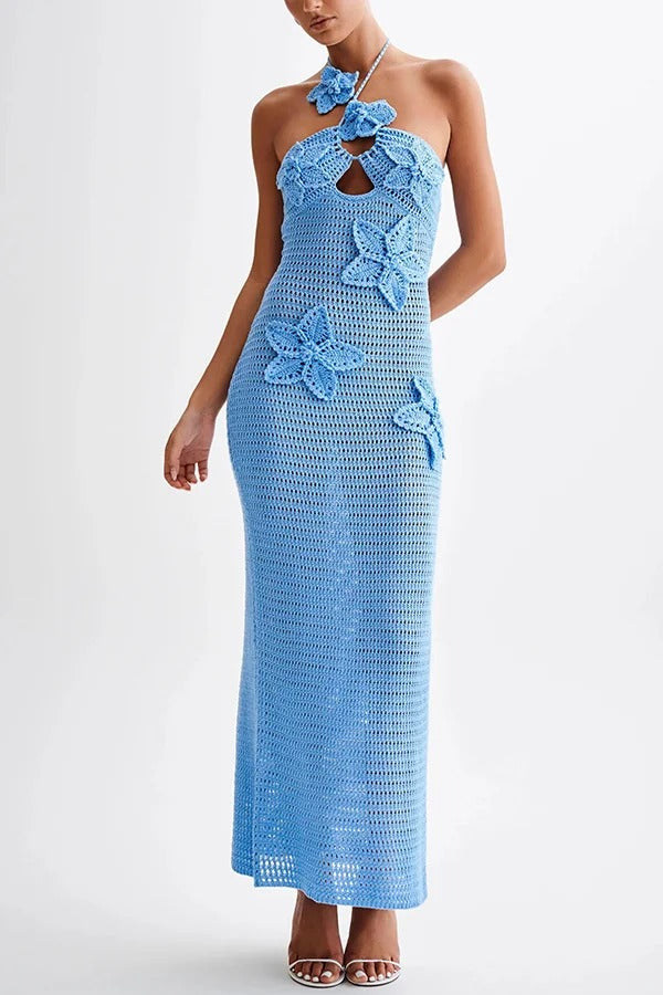 Call It Chic Knit Floral Crochet Halter Fishtail Hem Maxi Dress