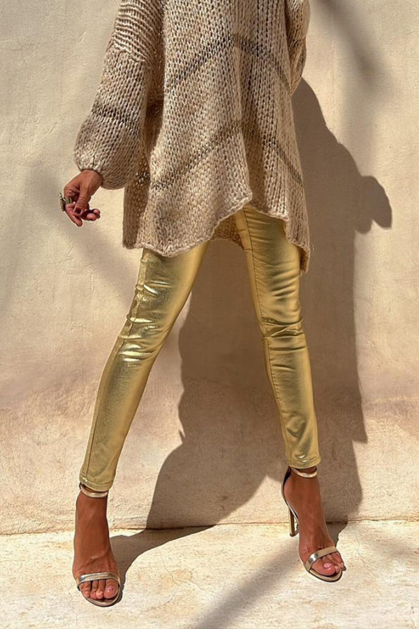 Sweet and Glitzy Metallic Color Pocket Faux Leather Stretch Pants