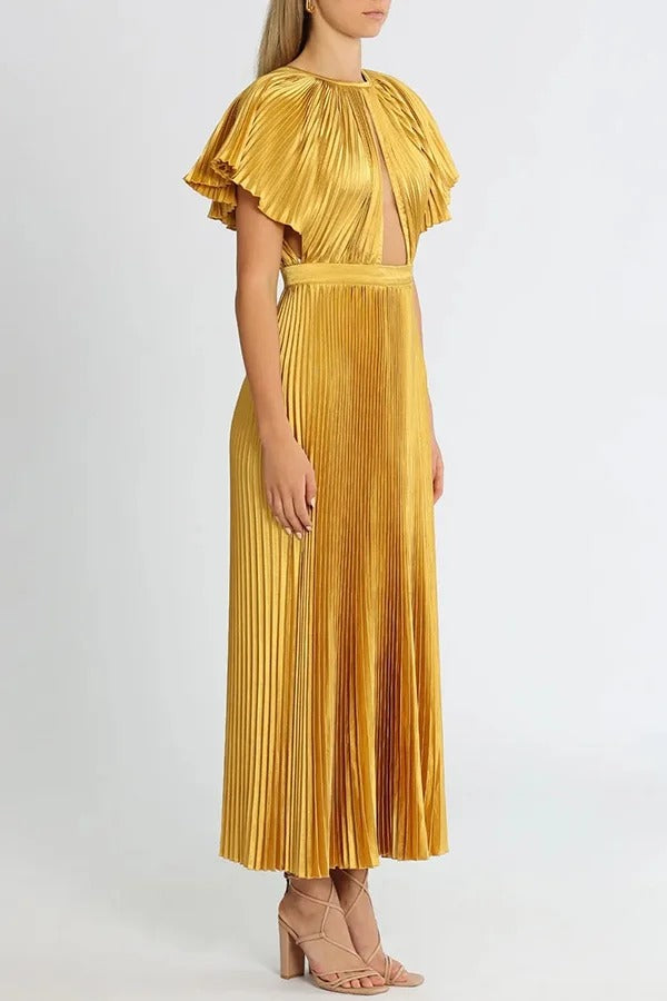 Flash Goddess Satin Pleated Bell Sleeve Cutout Detail Gown Maxi Dress