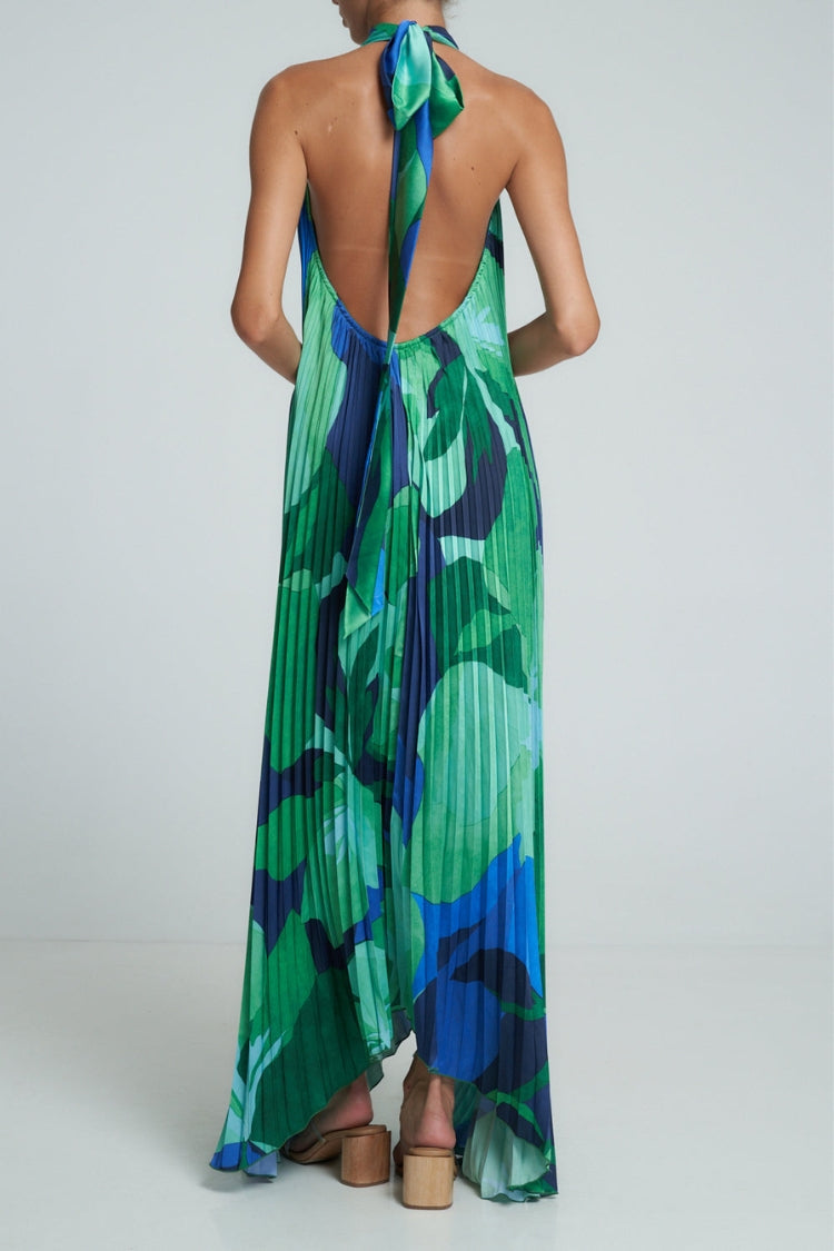 Opera Pleated Colorblock Camouflage Print Cutout Halter A-line Maxi Dress