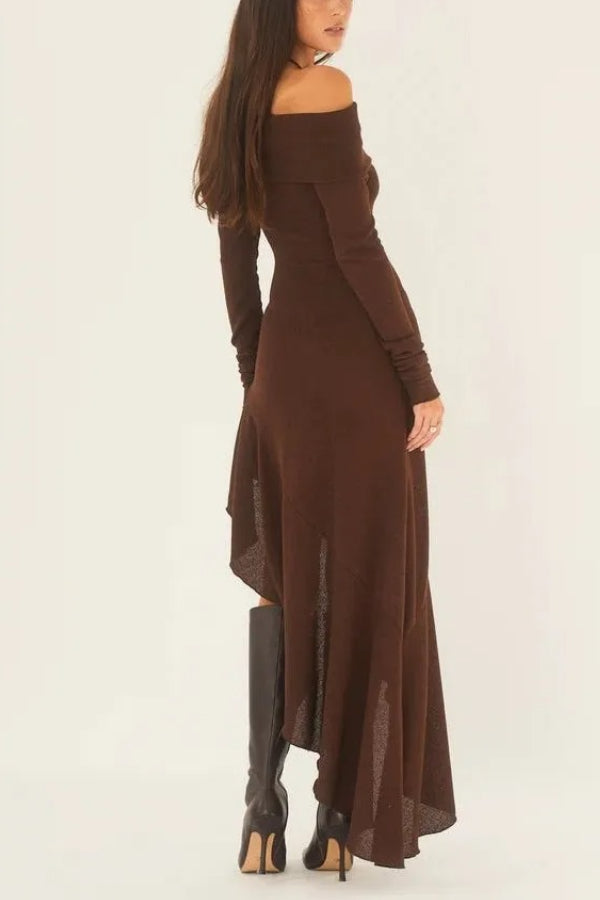 Temperament Off Shoulder Long Sleeve Irregular Hem Stretch Maxi Dress