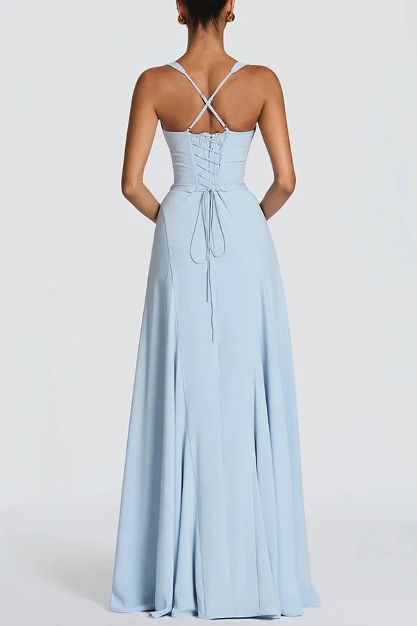 Irie Chiffon Sweetheart Neck Adjustable Straps Back Lace-up Maxi Dress