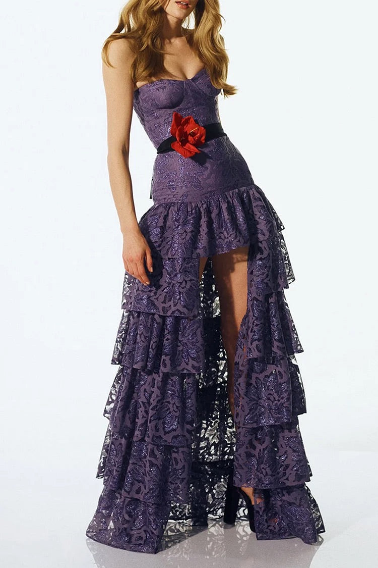 Strapless High Slit Tiered Lace Ruffle Party Maxi Dresses-Purple