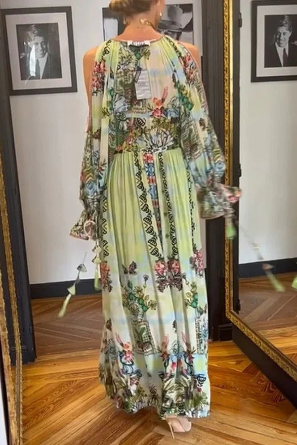 Like Poetry Like Scenery Unique Print Slit Lantern Sleeve Tassle Maxi Dress