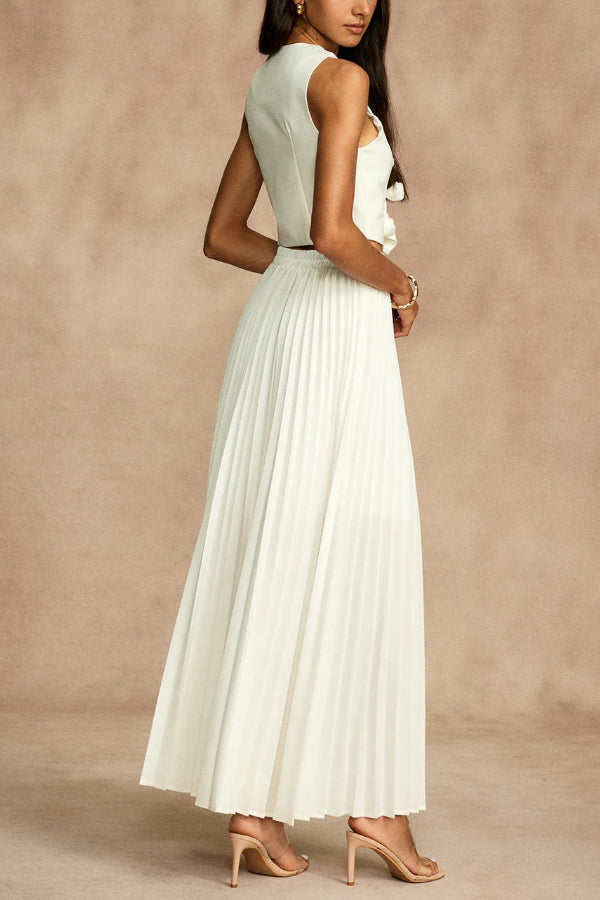 Stylish Rosette Sleeveless Tank Top and Pleated Maxi Skirt Set