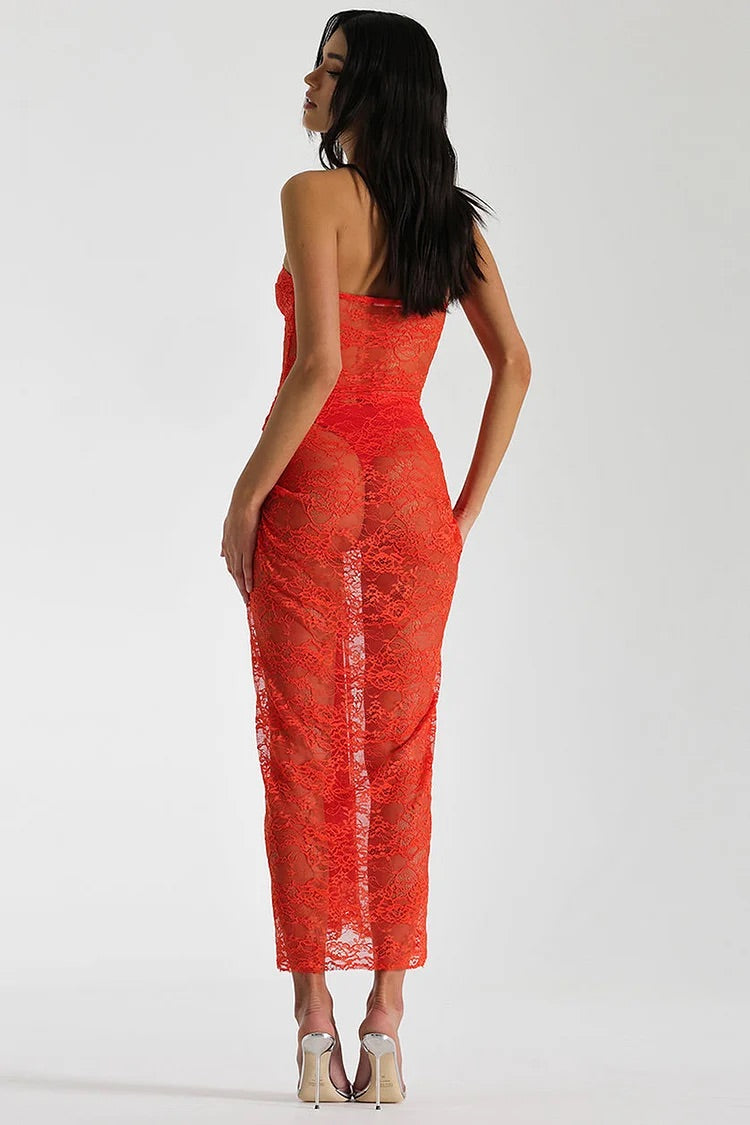 See Through Lace Ruched Knot Strapless Maxi Dresses