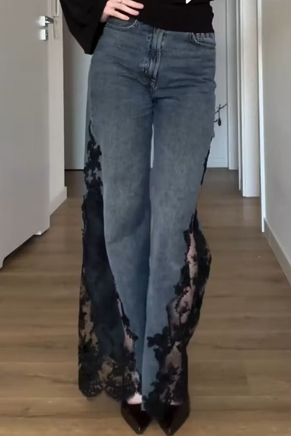 Stylish Denim Mid Rise Side Lace Patchwork Pocket Straight Leg Loose Jeans