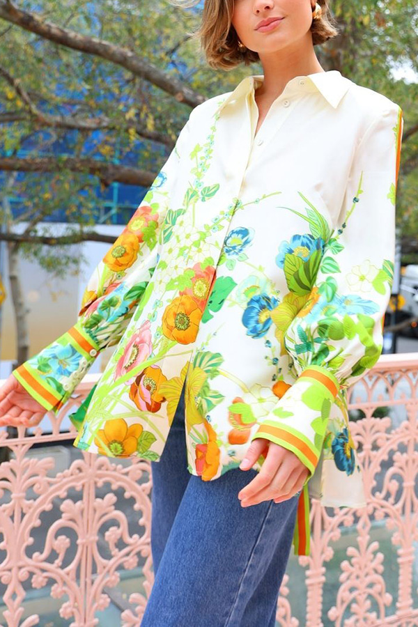 Satin Floral Print Back Tie-up Button Down Oversized Blouse