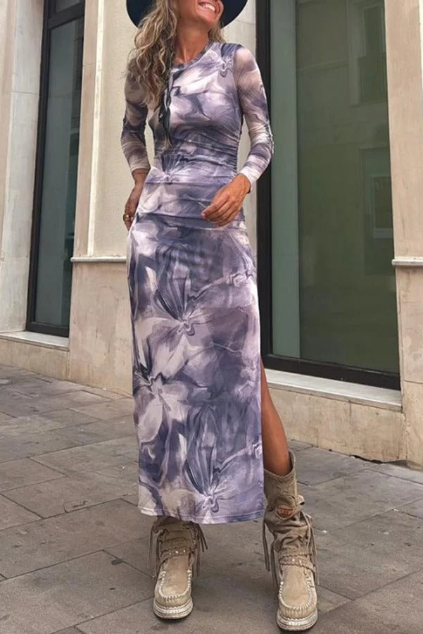 Delano Mesh Watercolor Print Long Sleeve Ruched Stretch Slit Midi Dress