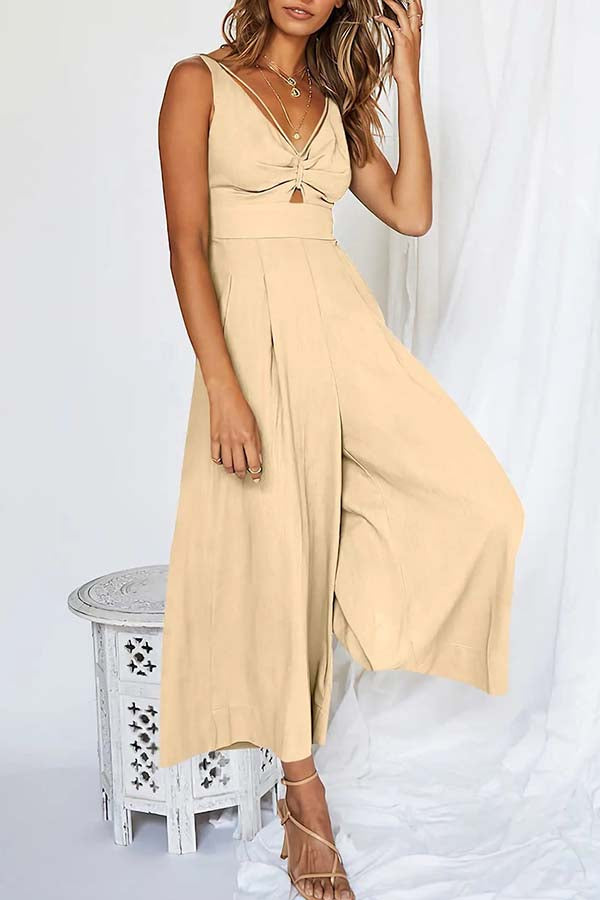 2023 SUMMER V NECK CUTOUT ADJUSTABLE STRAPS WIDE LEG JUMPSUITS