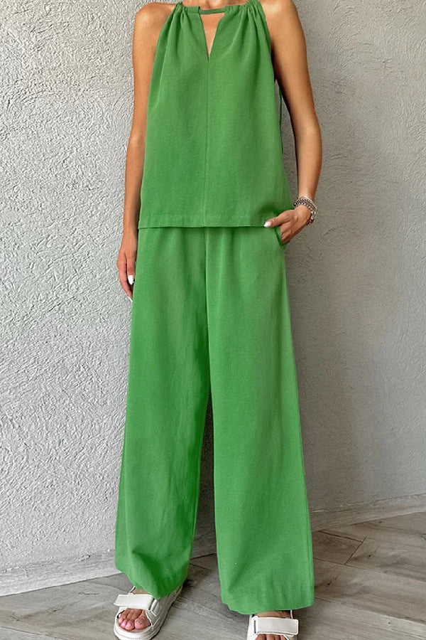 Cotton And Linen Cut-Out Lace-Up Vest & Wide-Leg Pants Two-Piece Set