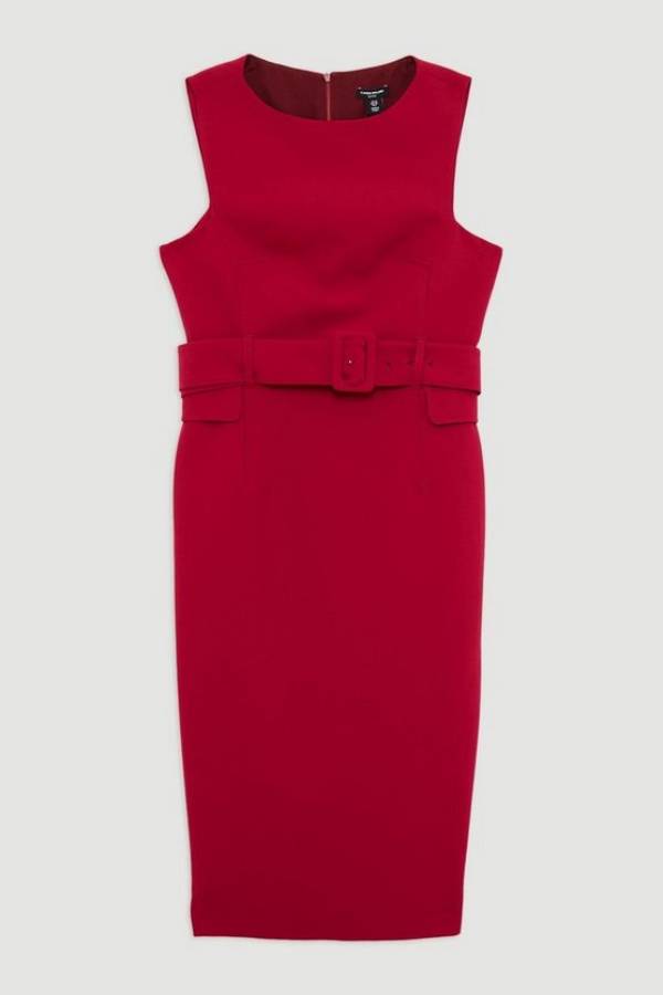 Feel Formal Belted Tailored Stretch Pencil Midi Dress