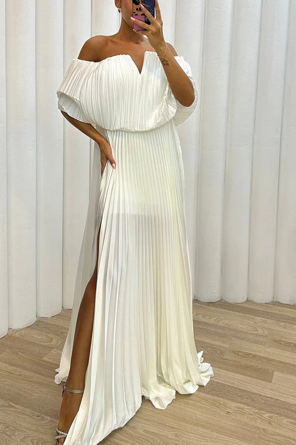 Shelley Pleated Off Shoulder Elastic Waist Slit Maxi Dress