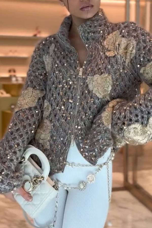 Heavyweight Sequin Jacquard Knit Zip-Up Jacket
