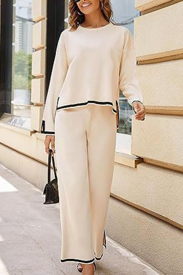 Lounge or Casual Wear Knit Patchwork Color Block Short Sleeve Top and Elastic Wide Leg Pants