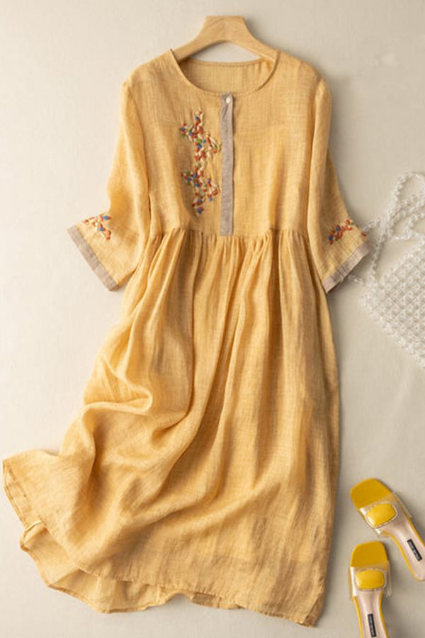 Cotton And Linen Ethnic Style Embroidered Dress