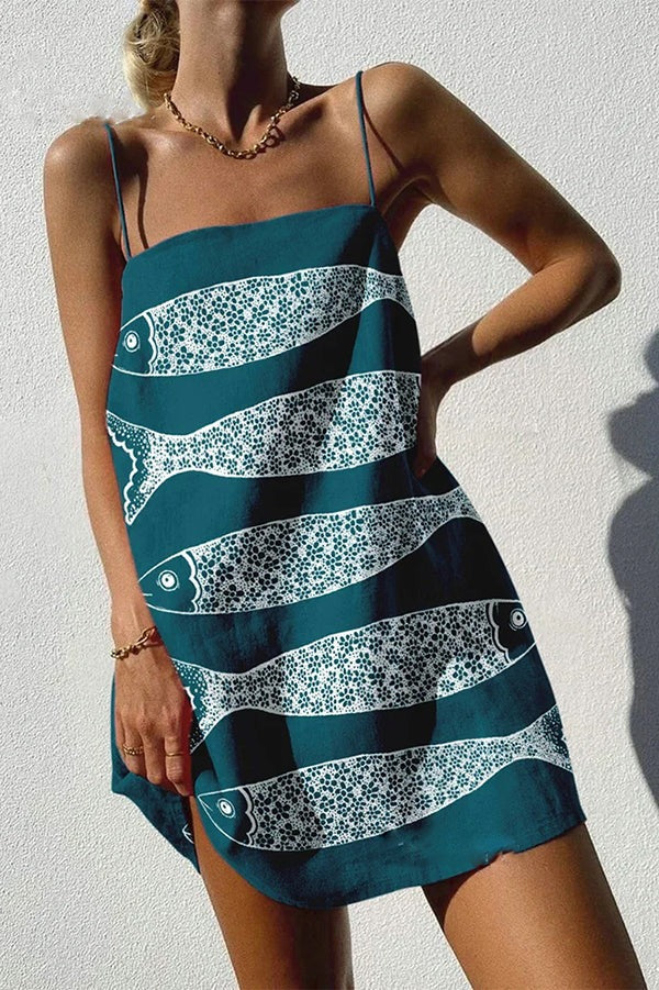 Unique Ocean Print Sexy Strappy Mini Dress