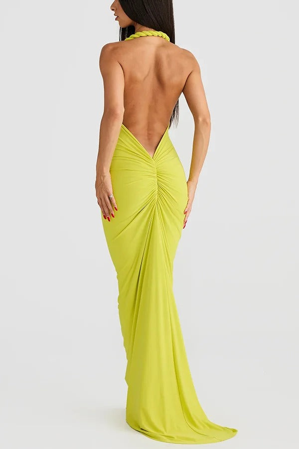 Sexy Halter Neck Open Back Ruched Slim Fit Maxi Dress