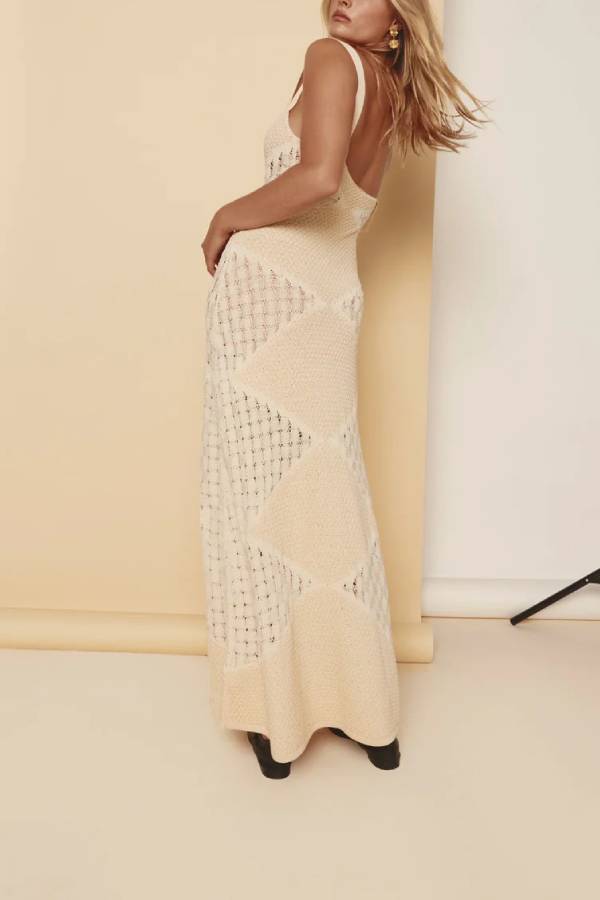 Knitted Sexy Backless Argyle Pattern Slim Fit Maxi Dress
