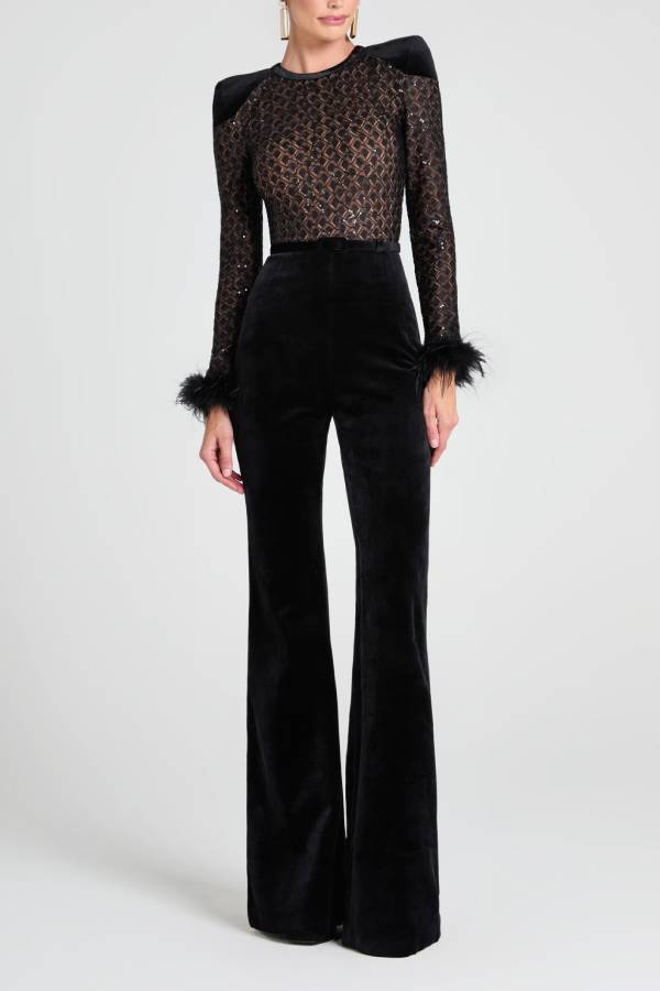 Monique Fish Scale Lace Sequin Velvet Patchwork Feather Trim Stretch Flare Jumpsuit