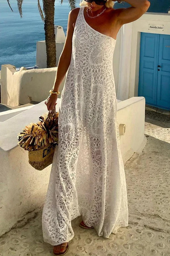 Elegant Moment Crochet Lace One Shoulder Slit A-line Maxi Dress