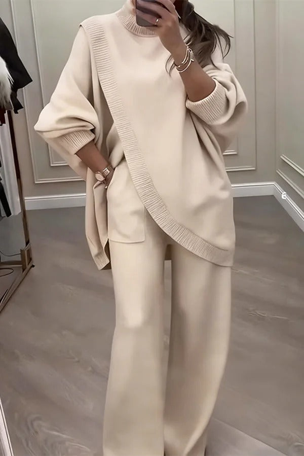 Solid Color Loose-fitting Turtleneck Knit Top and Elastic Waist Casual Pocket Straight Leg Pants