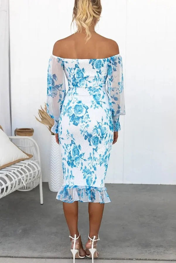 Shine Bright Floral Off Shoulder Smocked Waist Midi Dress