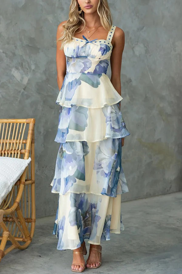 Peyton Chiffon Floral Print Back Tie-up Multi-tier Ruffle Maxi Dress