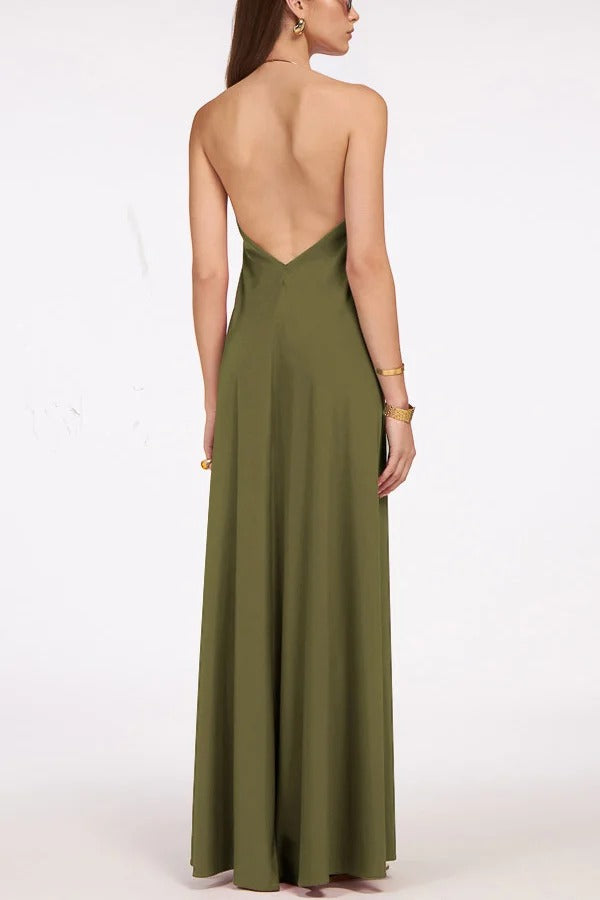 Solid Color Resort Style Halter Neck Open Back Large Hem Maxi Dress