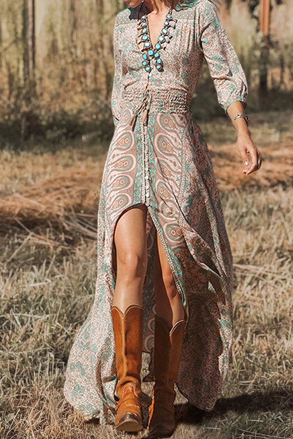 Beautiful Printed V-Neck Long Sleeve Maxi Dress