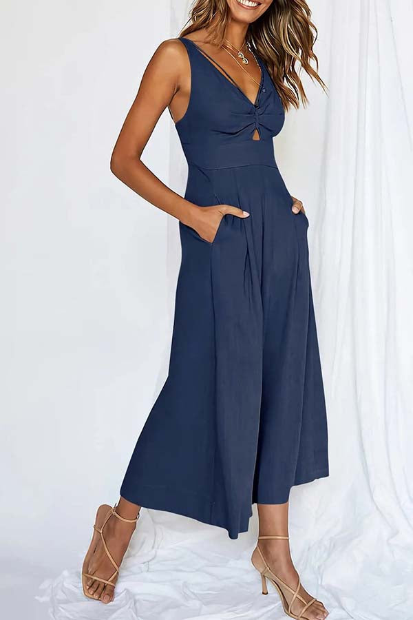 2023 SUMMER V NECK CUTOUT ADJUSTABLE STRAPS WIDE LEG JUMPSUITS