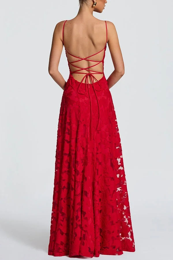 Francis Custom Floral Burnout Fabric Cowl Neck Back Lace-up Maxi Dress