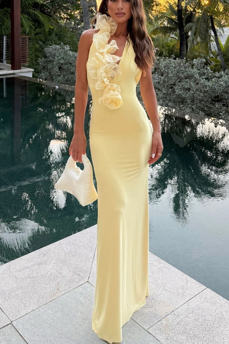 Vacay Mode – Rückenfreies, elastisches Maxikleid mit Neckholder und Rüschenbesatz