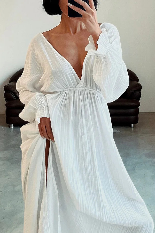 Casual V-neck Slit Cotton and Linen Dress