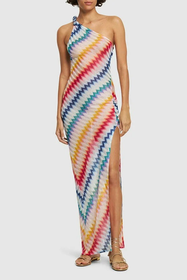 Vacay Charm Knit Colorful Zigzag Pattern One Shoulder Slit Maxi Dress