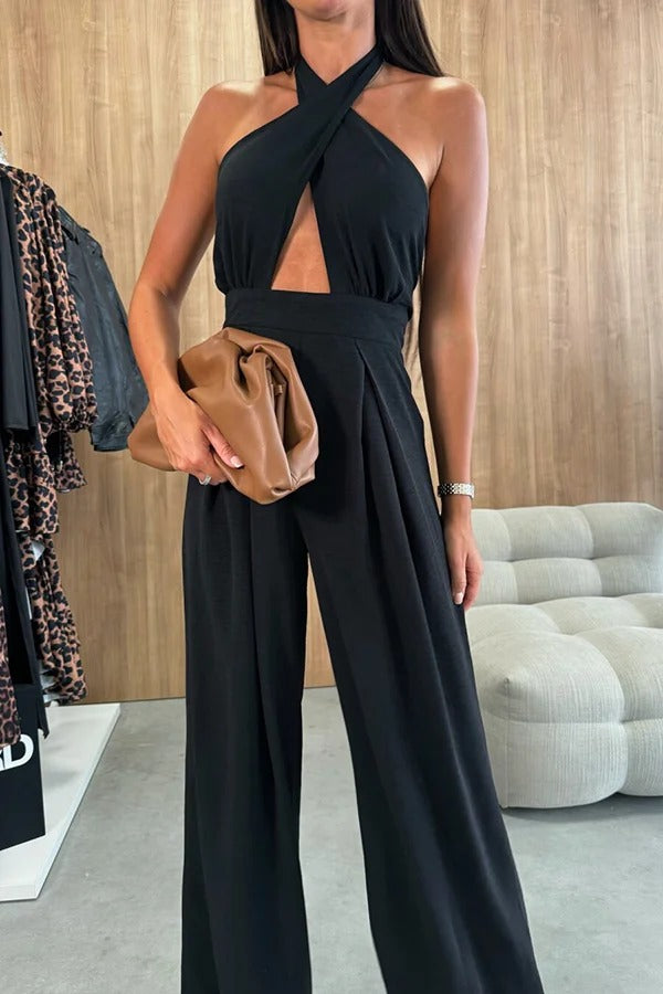 Social Season Cross Halter Neck Backless Wide Leg Loose Jumpsuit