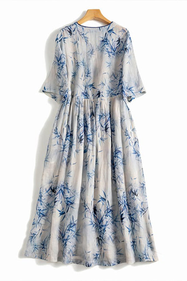 Floral Cotton Linen V-Neck Printed Swing Dress