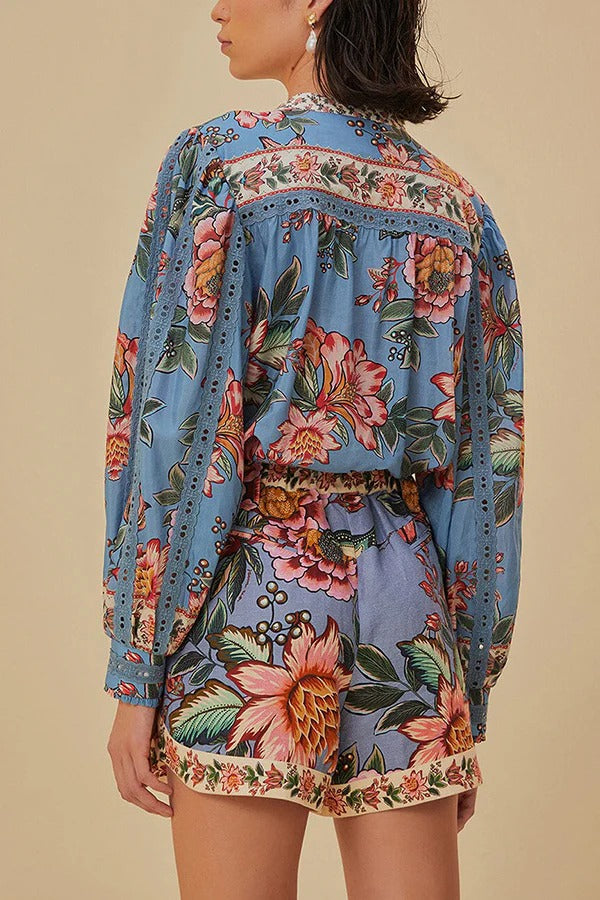 Wonderful Bouquet Floral Print Long Sleeve Blouse and Elastic Waist Pocketed Shorts Set