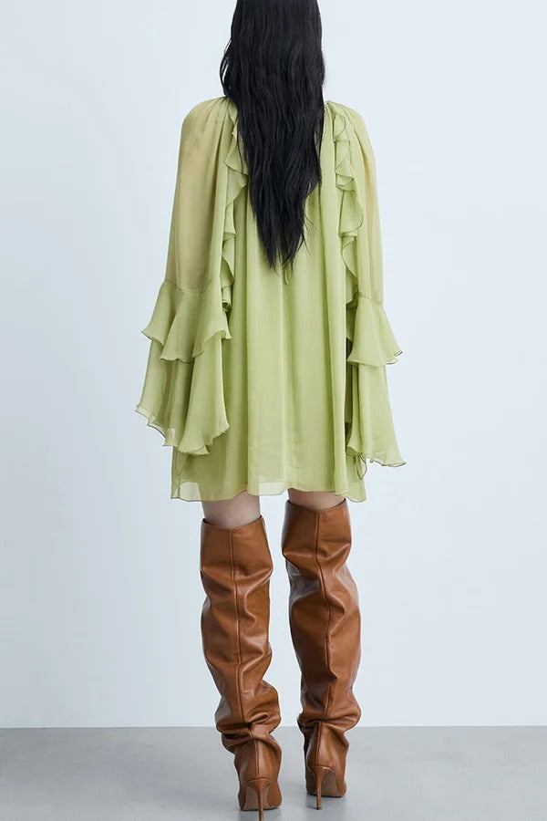 Seeds of Happiness Chiffon Tiered Ruffles Bell Sleeve Gathered Loose Mini Dress