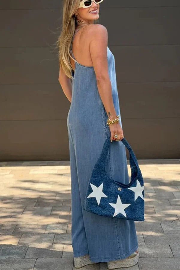 Favorite Fit Denim Back Cross Slip Pocket Wide Leg Jumpsuit