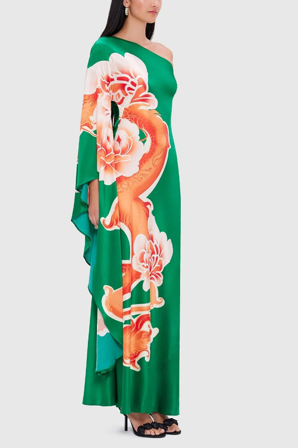 Elegance and Grace Satin Dragon Print One Shoulder Drape Sleeve Maxi Dress